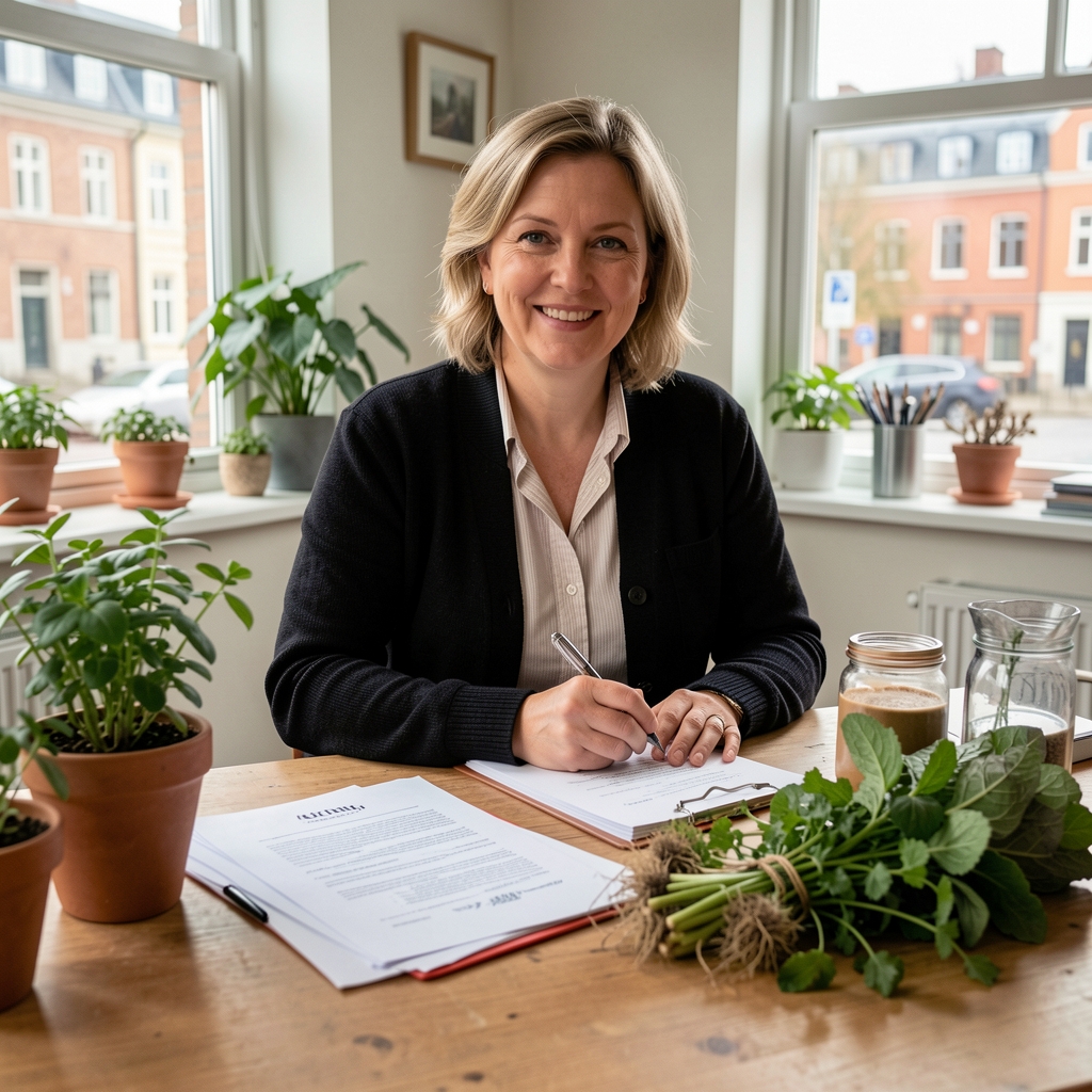 Dansk redaktør med dokumenter og plantebaserede råvarer ved et arbejdsbord i København