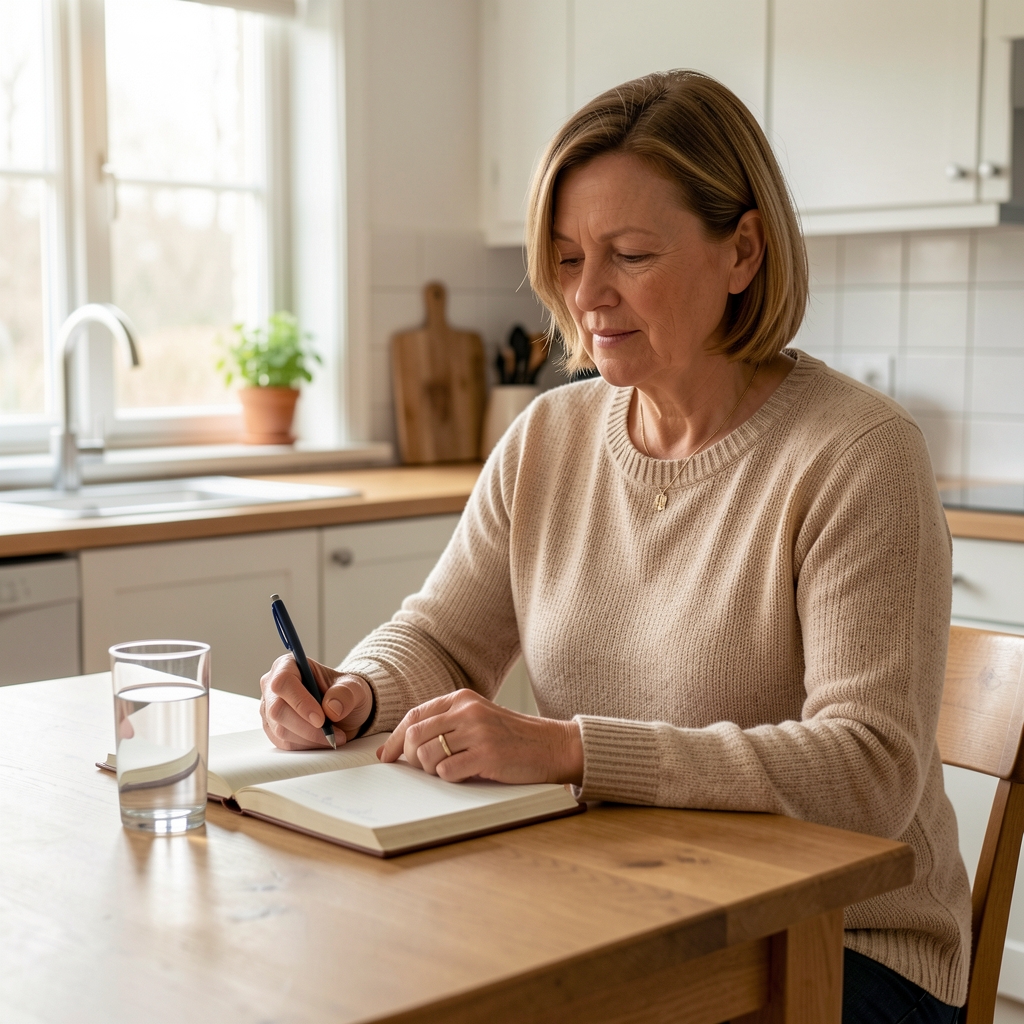 Dansk voksen med notesbog og glas vand ved et lyst køkkenbord om morgenen