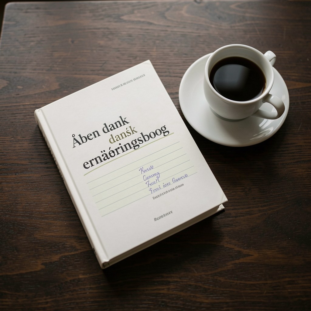 Åben dansk ernæringsbog med kaffekop og markerede noter på mørkt træbord