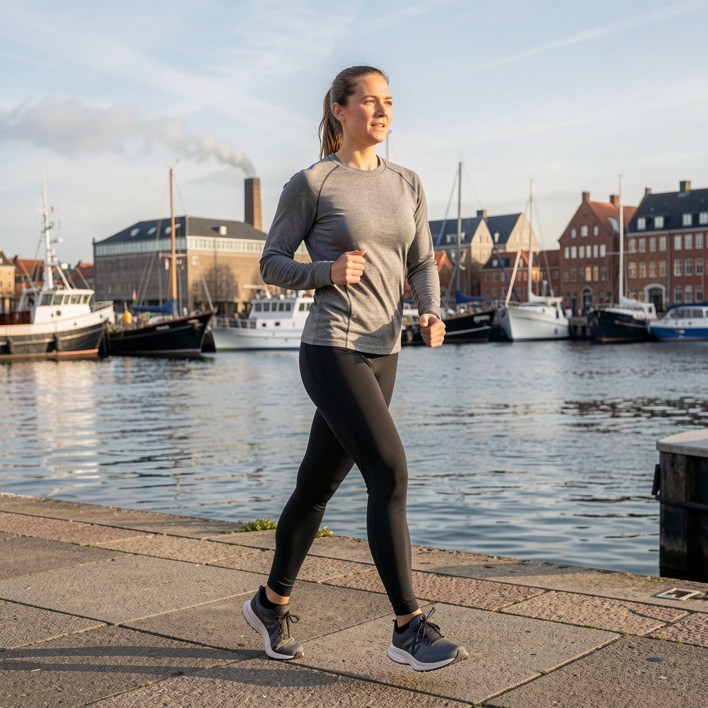 Aktiv person i daglig bevægelsesrutine ved havnefront i dansk vinterlys
